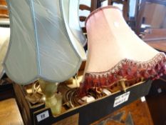 Box containing pair of onyx table lamps & two other lamps, stoneware whiskey flagon etc E/T