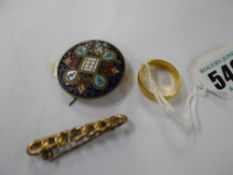 22ct gold wedding band, yellow metal rope brooch together with an enamel brooch, 7.5gms