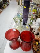 Various coloured & clear glass vases, decanter etc