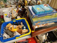 A wooden cutlery box (empty), vintage boxed children's games etc