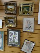 Three gilt framed reproduction prints of animals together with two vintage framed embroideries
