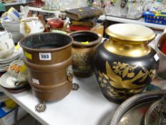 Good English Staffordshire gilt decorated Japanese-style vase together with copper & brass planters