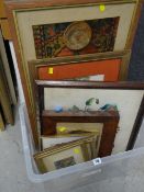 Box containing framed embroidery together with a selection of framed prints