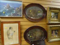 A collection of framed prints together with two reproduction gilt framed prints of cats & dogs