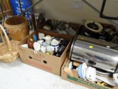 Large collection of mainly kitchenware items including jugs, mugs, storage jars, baskets,