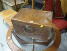 Good vintage brown leather square carry case by Christies of London with Nice hotel label