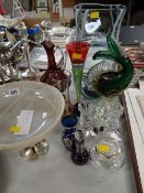 Collection of mainly coloured glass items including vases, EPNS / glass tazza etc