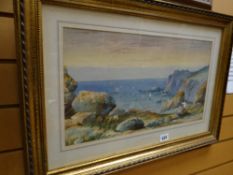 GEORGE JENNINGS watercolour - coastal scene with two figures & lobster pot entitled 'Evening Near