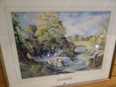 JOHN WILSON watercolour - river scene with trees, entitled to mount 'Two Bridges, River Nith, Near