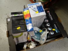 Box of mainly electrical items including three irons, mini humidifier, hairdryer etc E/T