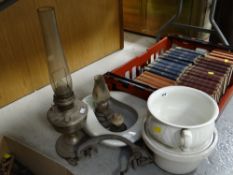 Vintage chamber pot, bedpan, oil lamps