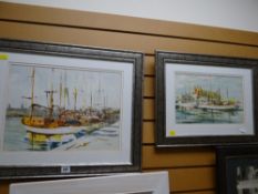 Two framed watercolours of boats tied up at harbour side