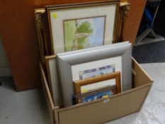 Box of various framed prints together with a framed modern oil on canvas
