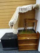 Parcel of furniture to include a reproduction mahogany drop end small side table, shelving,