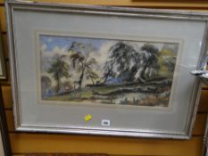 Framed watercolour of hunters in a woodland