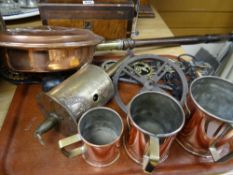 Parcel of metalware including three graduated copper grain measures, clock spit, horse brasses &