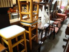 A parcel of furniture to include Long John coffee table, rush top stool, reproduction nest of