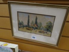 J MATTHEW watercolour - harvest scene with figures & house beyond the field, signed