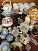 Two trays of various mixed china including country ware teaset, Wedgwood blue Jasperware etc