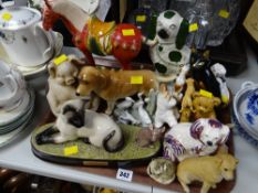 Tray of various china animal ornaments including Staffordshire dogs, Beswick cat & mouse 'Watch