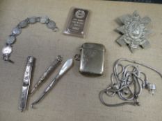 A silver 1oz ingot, silver sixpence bracelet, silver pencils etc