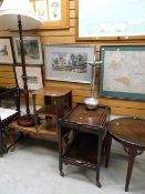 Parcel of mainly brown furniture items including vintage tea trolley, a circular & square side