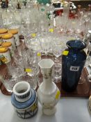A tray of various good cut glass drinking glasses, EPNS gallery tray, small Norwegian studio pottery