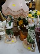 Two continental figurines, figural table lamp, small copper & brass buckets E/T