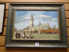 MODERN POLISH SCHOOL oil on board - church scene with figures, indistinctly signed obverse &