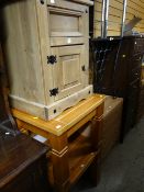 A pair of modern lightwood plank effect side tables together with a pine bedside cabinet