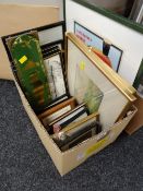 A box of various framed prints, watercolours, unframed drawings