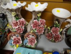 Pair of decorative Capodimonte rose petal decorated vases with matching jug & pair of flower