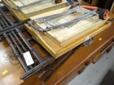 Three wooden trays together with a bamboo folding screen etc