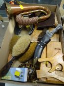 A box of various collectables including military bugle, military badges, brush set, boxed student'