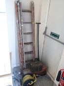 A vintage wooden extending three-section ladder, vintage tools, electric extension cable etc E/T