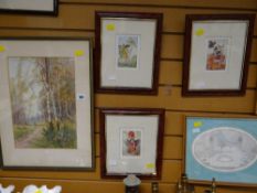 Framed vintage watercolour of woman gathering sticks together with three framed Fairy prints etc