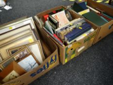 A box of miscellaneous framed prints together with two boxes of hardback mainly reference books,