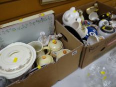 Two boxes of mixed china including cookware & ornaments