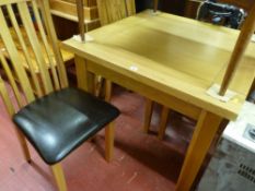 Modern square oak dining table and 3 leather effect seated chairs