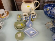 Good sized Poole jug and items of blue and green Wedgwood Jasperware