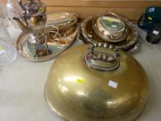EP spirit kettle on stand, selection of serving trays, pair of lidded entree dishes and a large