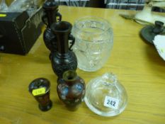 Etched lidded glass jar, a pair of bronze vases and cloisonne items