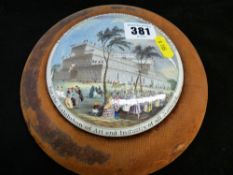 Mounted Prattware pot lid titled 'The Grand International Building of 1851 for the Exhibition of Art