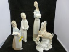 Three Lladro porcelain figurines and a similar style unicorn ornament (damages)