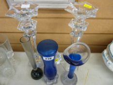 Pair of glass candlesticks, three blue glass vases etc