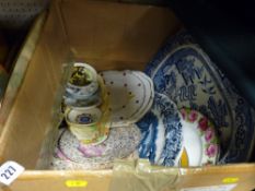 Box of decorative china, plates and platters and another box containing placemats, table linen etc