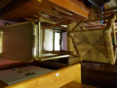 Two string topped stools and a brass effect tea trolley