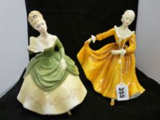 Two Royal Doulton lady figurines titled 'Kirsty' HN2381 and 'Soiree' HN2312