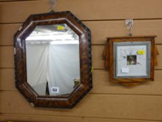 Vintage walnut effect wall mirror and an oak framed barometer