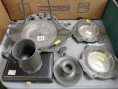 Two Tudric pewter leaf decorated dishes with glass liners, an Art Nouveau pewter bread basket (